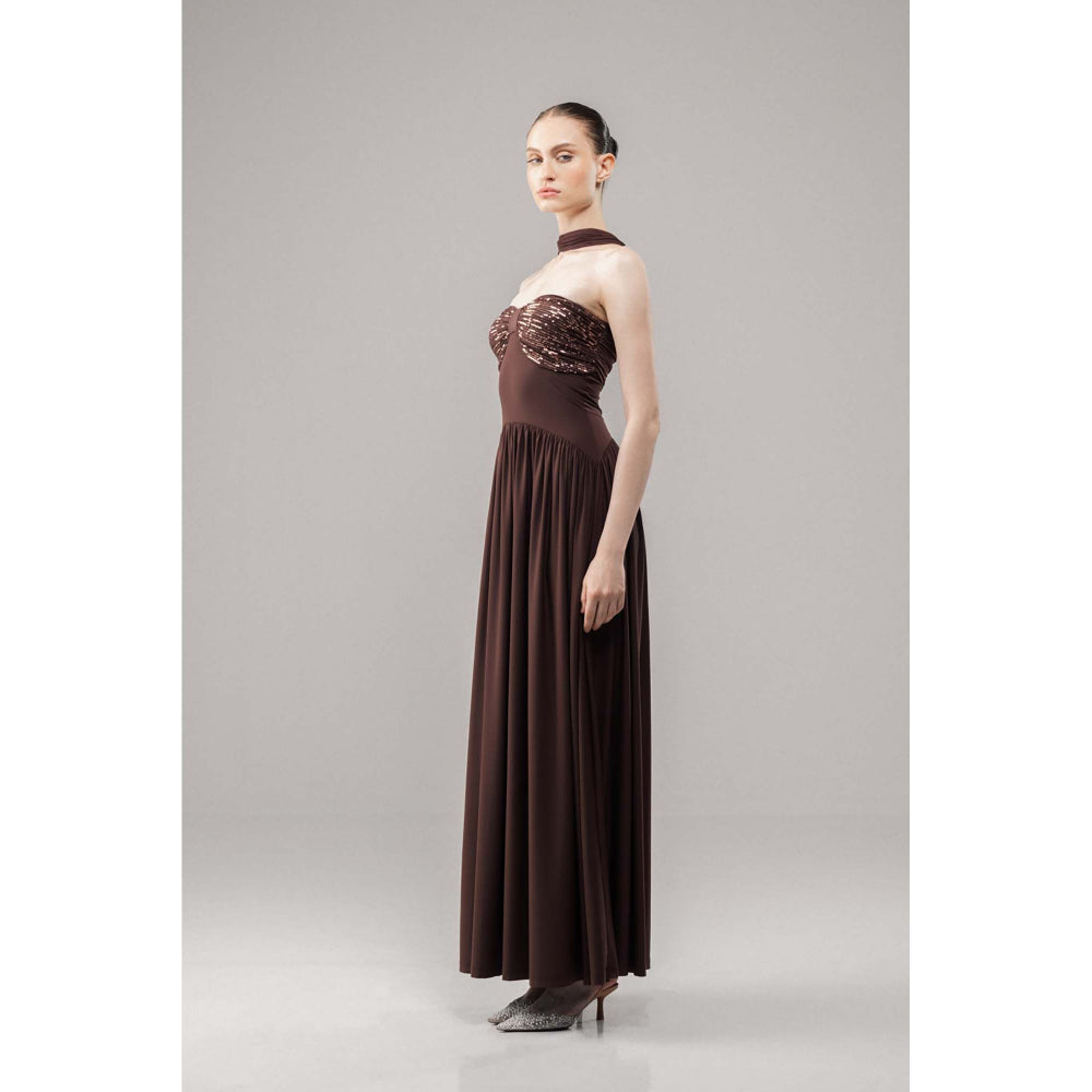 SOTBELLA Glow Brown Sequin Flared Maxi Dress