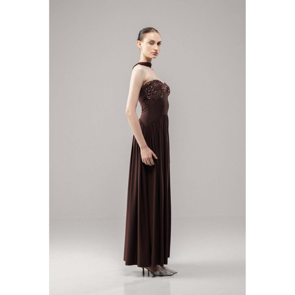 SOTBELLA Glow Brown Sequin Flared Maxi Dress