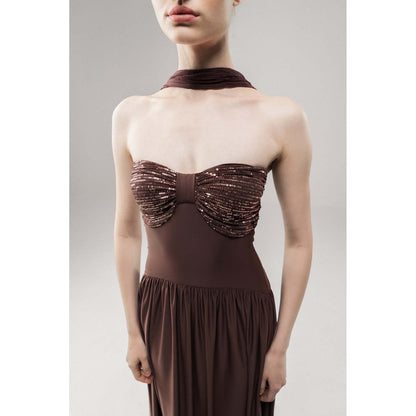 SOTBELLA Glow Brown Sequin Flared Maxi Dress