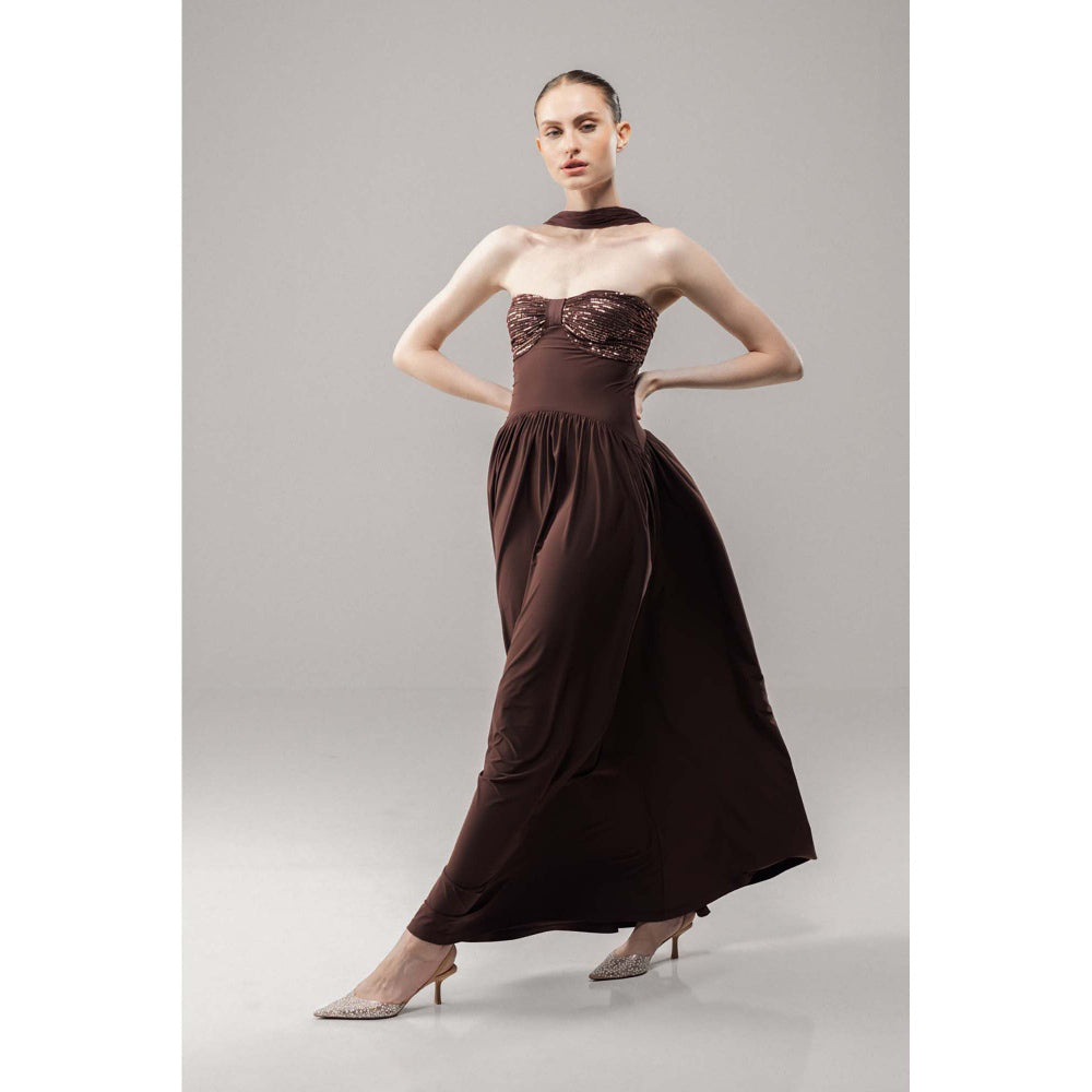SOTBELLA Glow Brown Sequin Flared Maxi Dress