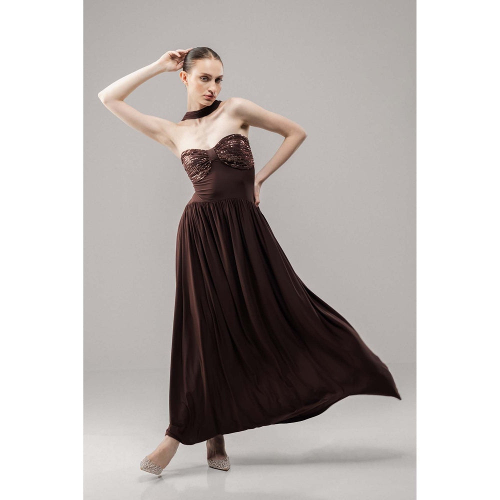 SOTBELLA Glow Brown Sequin Flared Maxi Dress