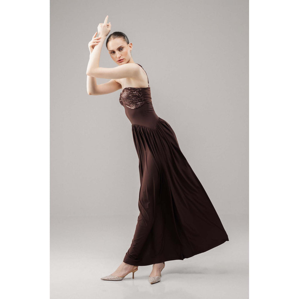 SOTBELLA Glow Brown Sequin Flared Maxi Dress