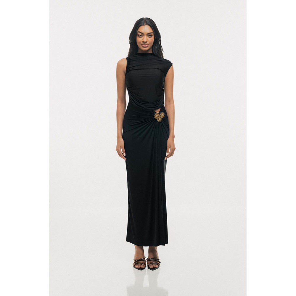 SOTBELLA Bloom Black Flared with Sun Brooch Maxi Dress