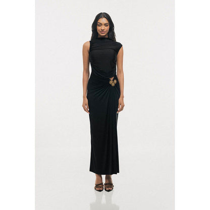 SOTBELLA Bloom Black Flared with Sun Brooch Maxi Dress