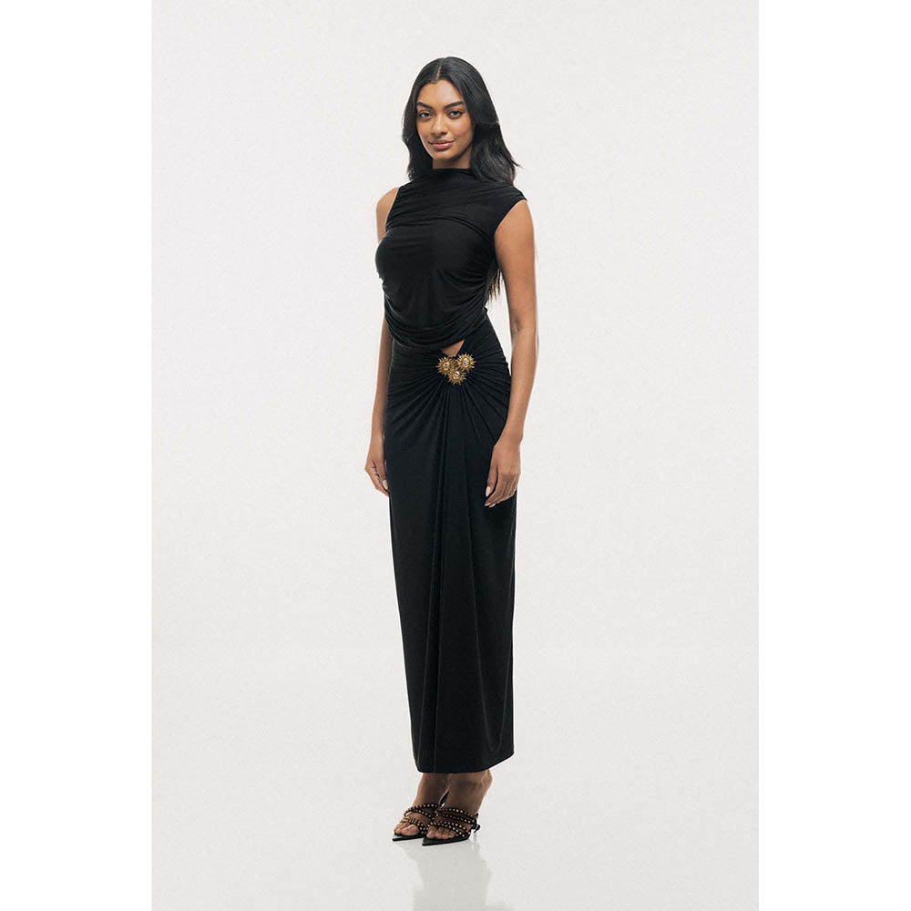 SOTBELLA Bloom Black Flared with Sun Brooch Maxi Dress