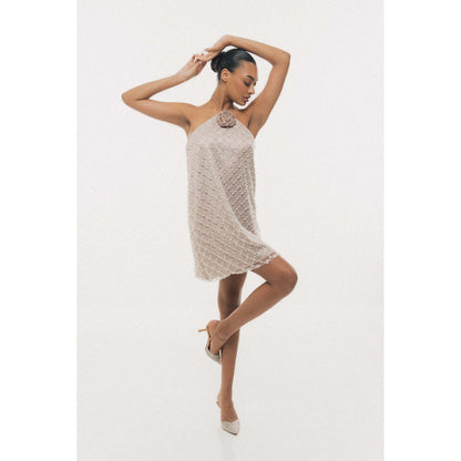 SOTBELLA Beige Beaded Halter-Neck Mini Dress