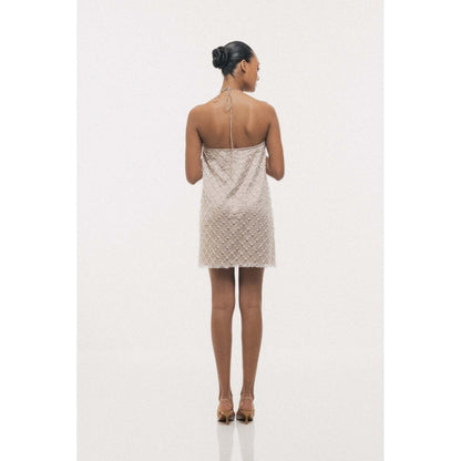 SOTBELLA Beige Beaded Halter-Neck Mini Dress