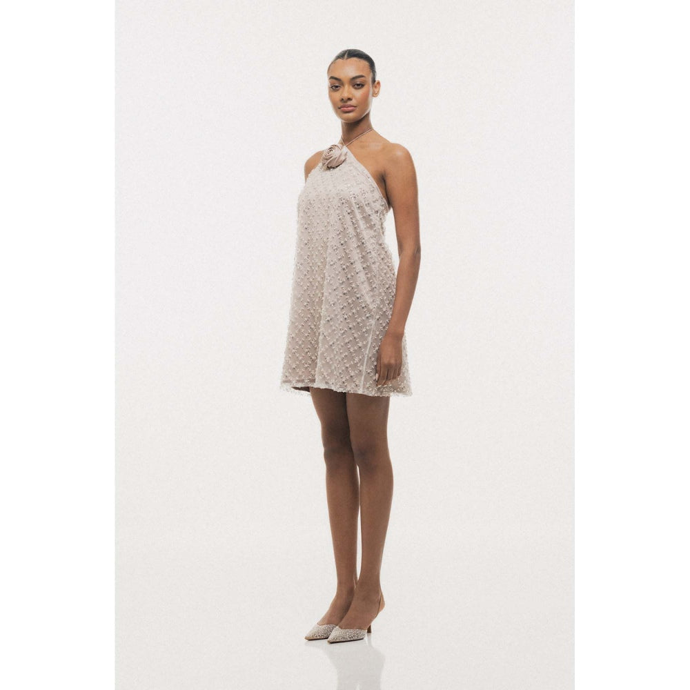 SOTBELLA Beige Beaded Halter-Neck Mini Dress