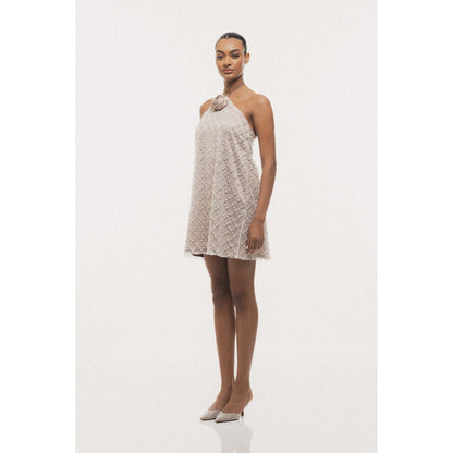 SOTBELLA Beige Beaded Halter-Neck Mini Dress