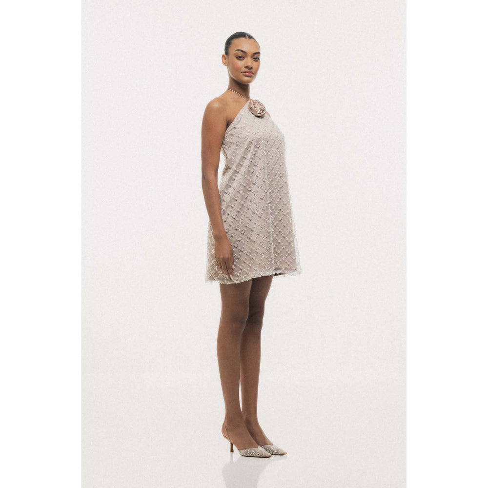 SOTBELLA Beige Beaded Halter-Neck Mini Dress