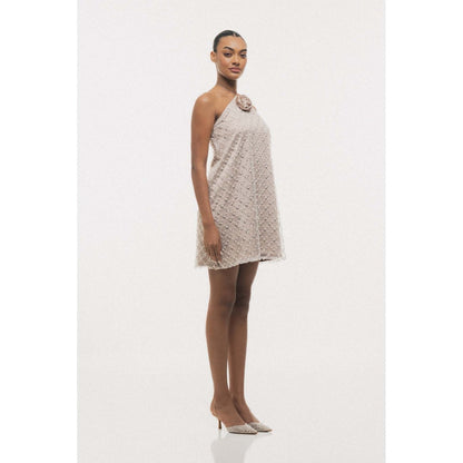SOTBELLA Beige Beaded Halter-Neck Mini Dress