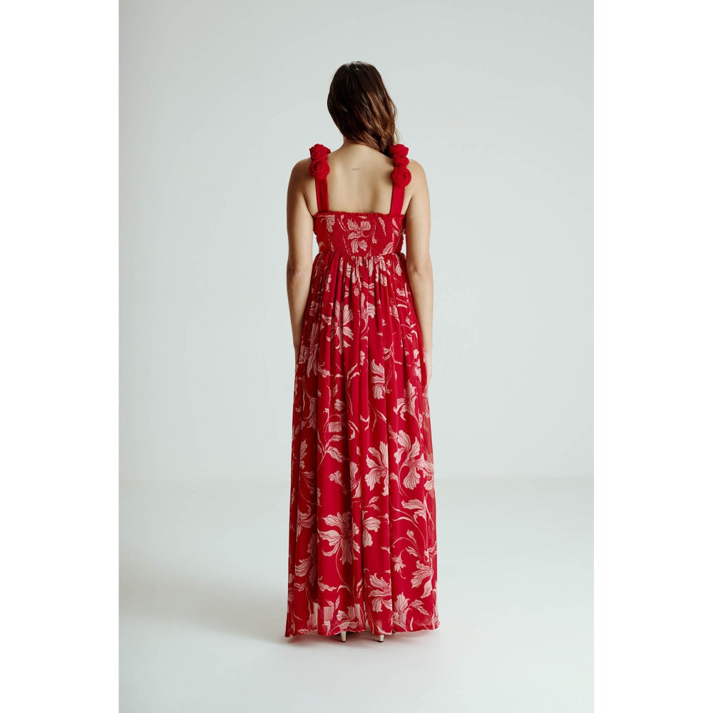 SOTBELLA Red Floral Drape Slit Dress