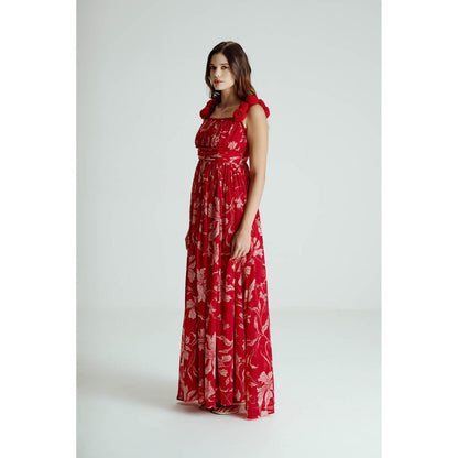 SOTBELLA Red Floral Drape Slit Dress