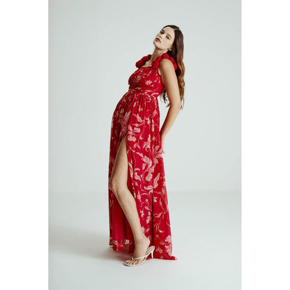 SOTBELLA Red Floral Drape Slit Dress