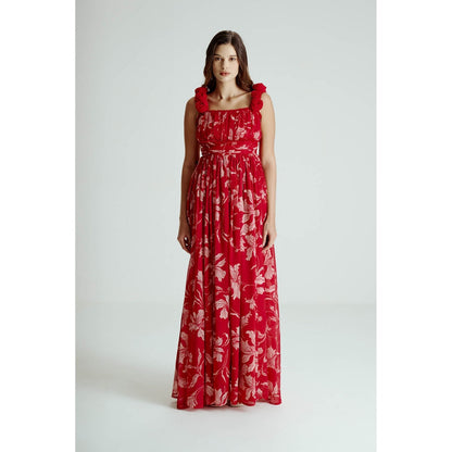 SOTBELLA Red Floral Drape Slit Dress
