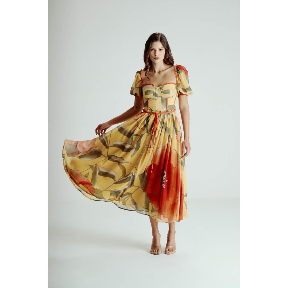 SOTBELLA Yellow Printed Midi Dress