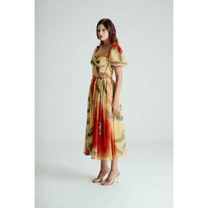 SOTBELLA Yellow Printed Midi Dress