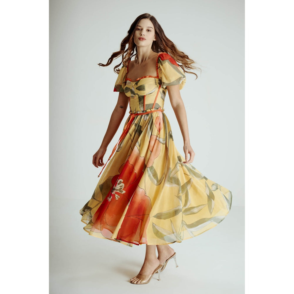 SOTBELLA Yellow Printed Midi Dress