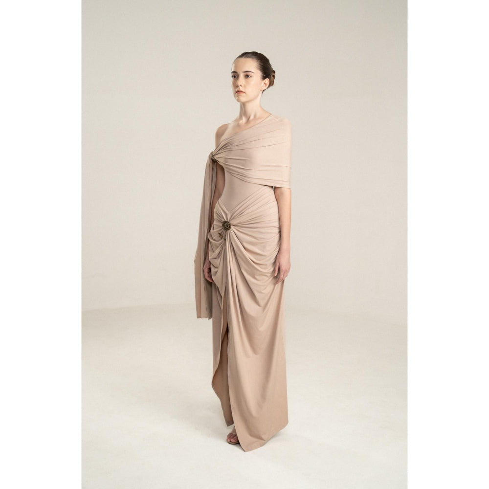 SOTBELLA One-Shoulder Draped Dress with Gold Flower Detail