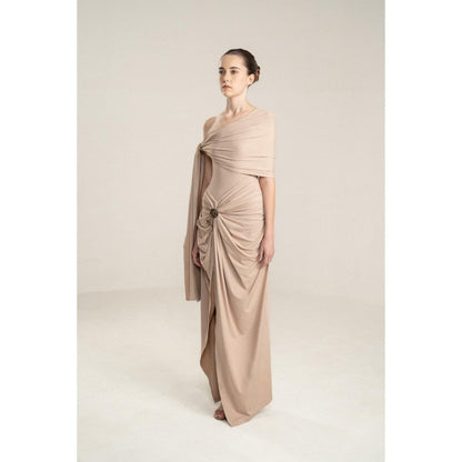 SOTBELLA One-Shoulder Draped Dress with Gold Flower Detail