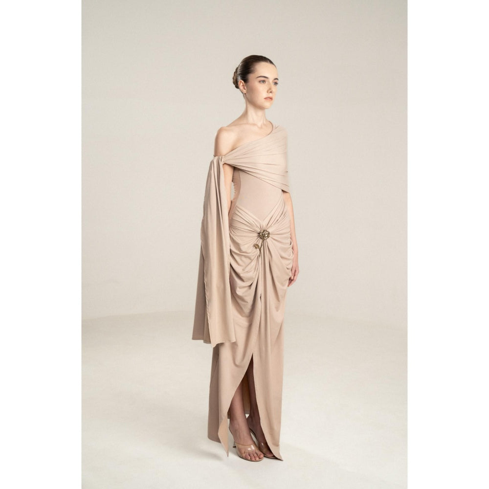 SOTBELLA One-Shoulder Draped Dress with Gold Flower Detail