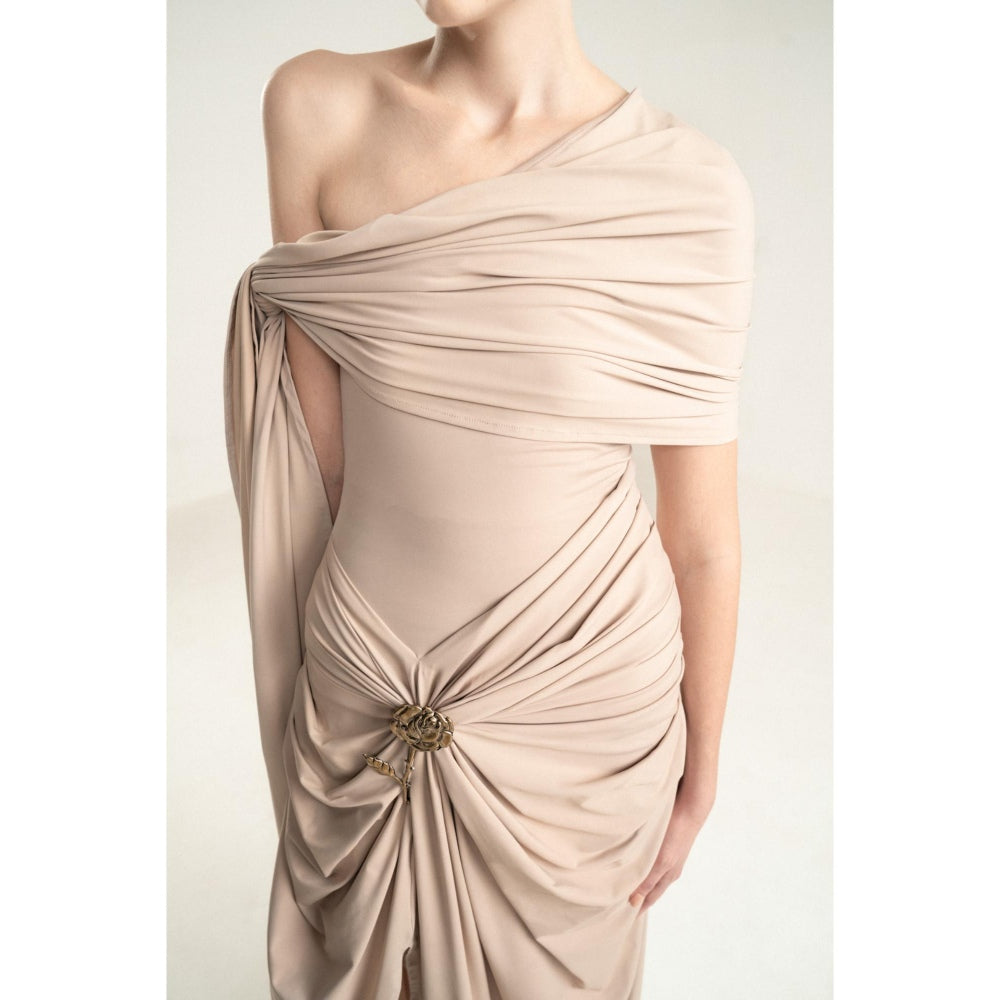 SOTBELLA One-Shoulder Draped Dress with Gold Flower Detail