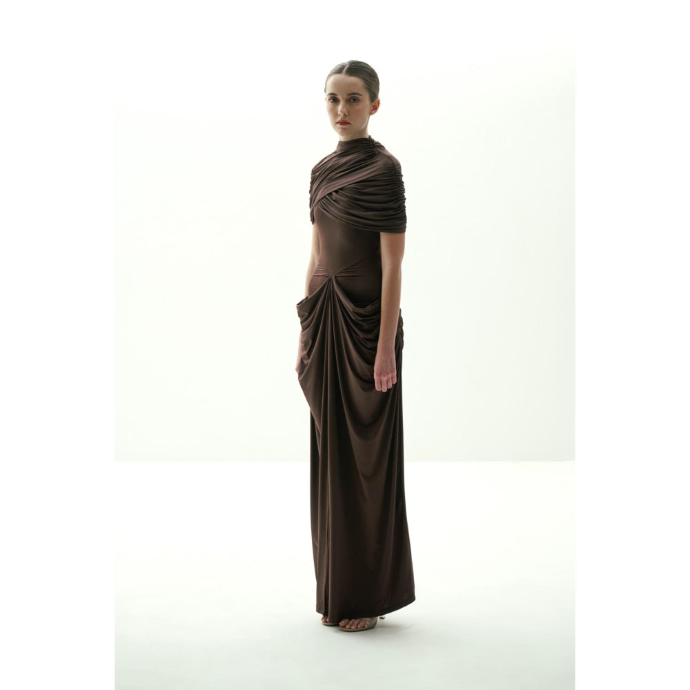 SOTBELLA Brown Draped Gown with Detachable Cape