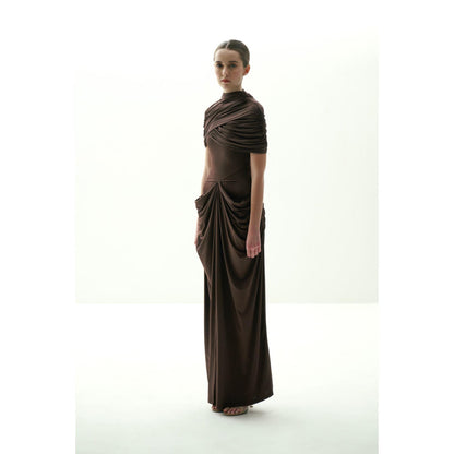 SOTBELLA Brown Draped Gown with Detachable Cape