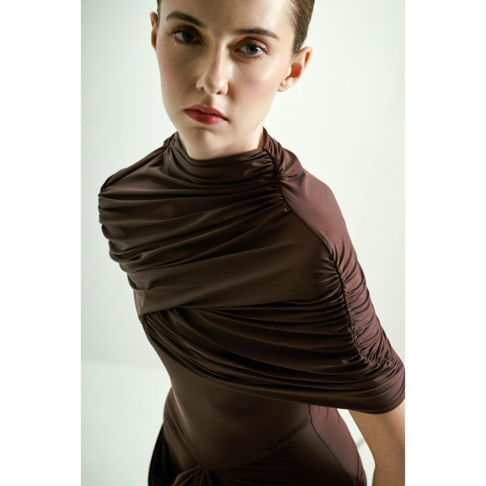 SOTBELLA Brown Draped Gown with Detachable Cape