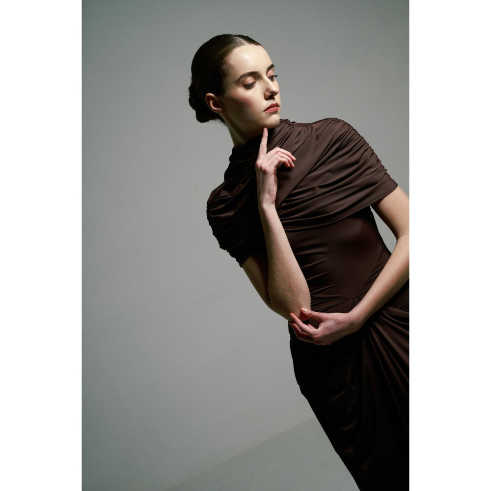SOTBELLA Brown Draped Gown with Detachable Cape