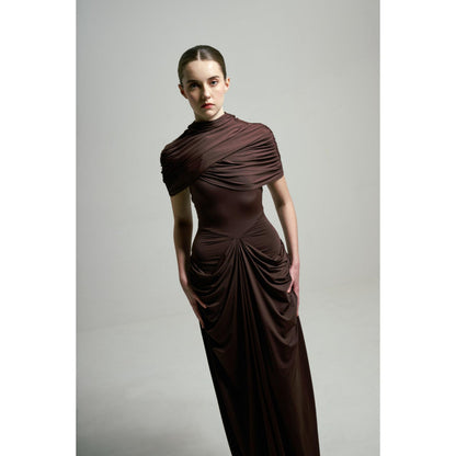 SOTBELLA Brown Draped Gown with Detachable Cape