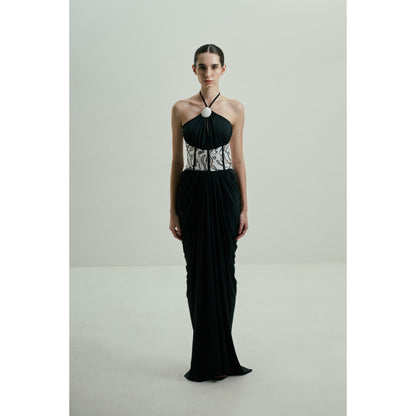 SOTBELLA Black Draped Gown with Monochrome Sequin Corset