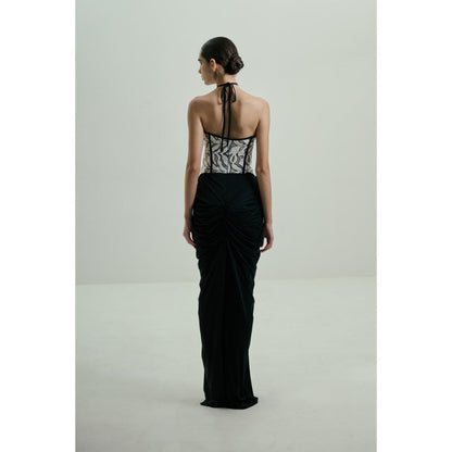 SOTBELLA Black Draped Gown with Monochrome Sequin Corset