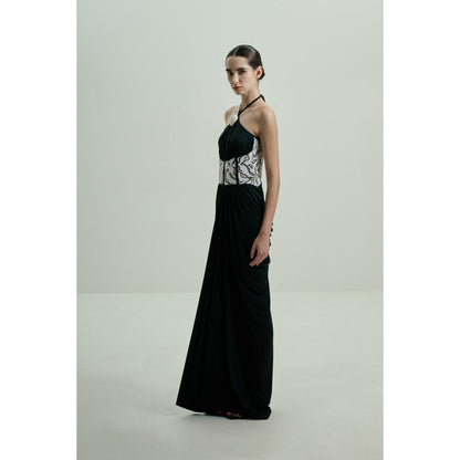 SOTBELLA Black Draped Gown with Monochrome Sequin Corset