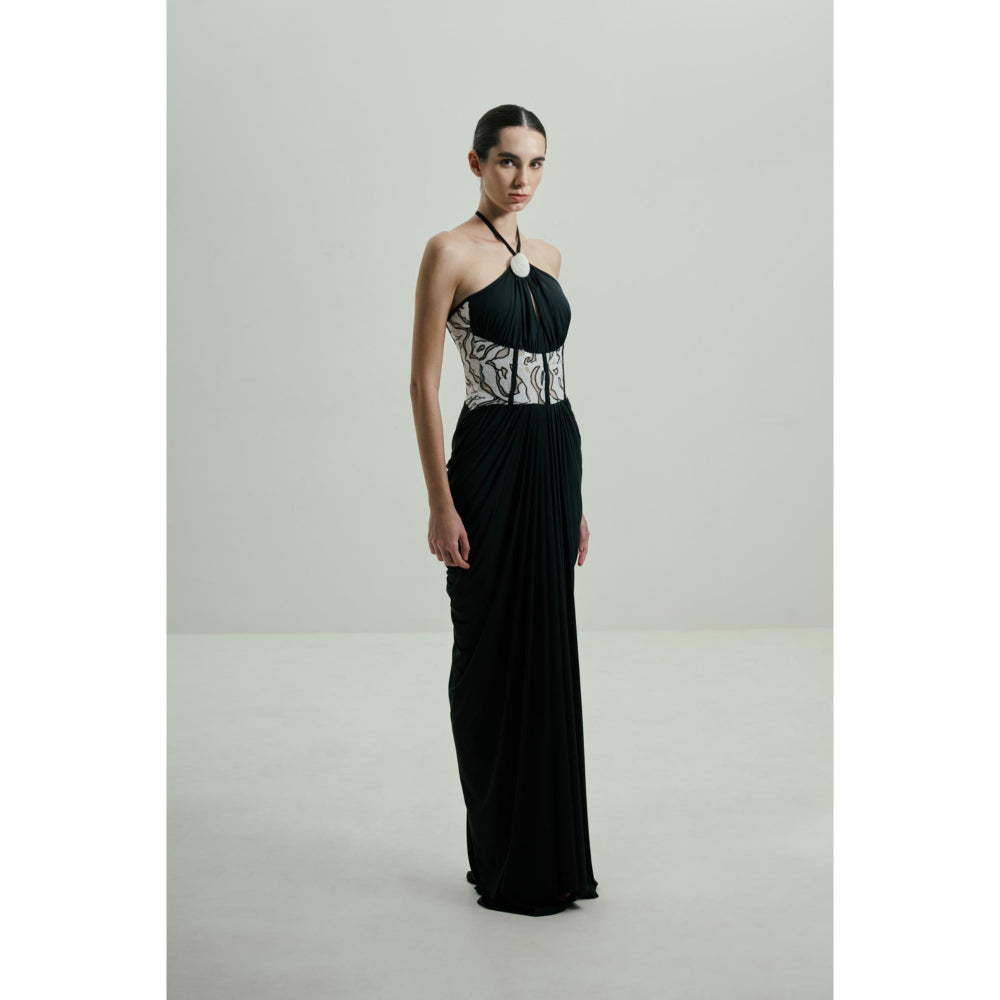 SOTBELLA Black Draped Gown with Monochrome Sequin Corset