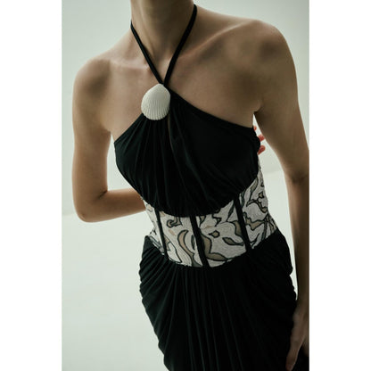 SOTBELLA Black Draped Gown with Monochrome Sequin Corset