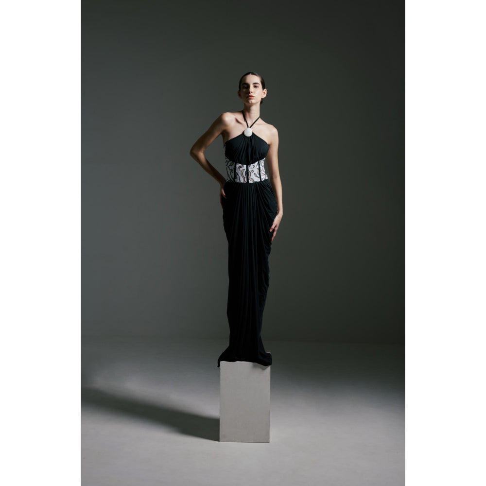 SOTBELLA Black Draped Gown with Monochrome Sequin Corset