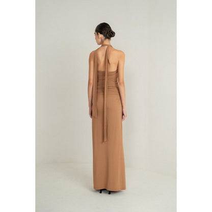 SOTBELLA Camel Drape Halter Gown with Rosette Detail and Lace Insert