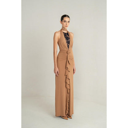 SOTBELLA Camel Drape Halter Gown with Rosette Detail and Lace Insert