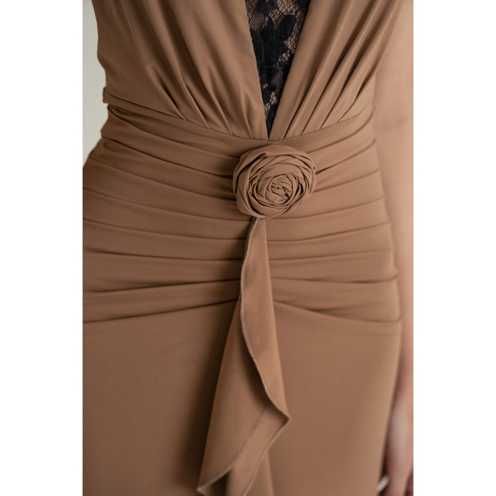SOTBELLA Camel Drape Halter Gown with Rosette Detail and Lace Insert