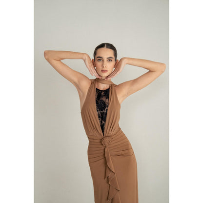 SOTBELLA Camel Drape Halter Gown with Rosette Detail and Lace Insert