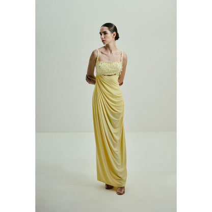 SOTBELLA Butter Yellow Draped Gown with Crystal-Embellished Bust