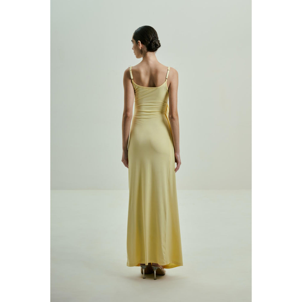 SOTBELLA Butter Yellow Draped Gown with Crystal-Embellished Bust