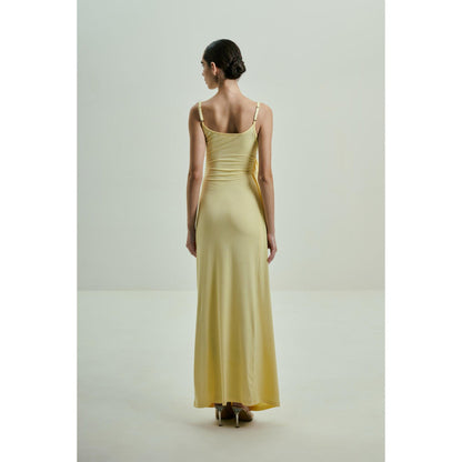 SOTBELLA Butter Yellow Draped Gown with Crystal-Embellished Bust