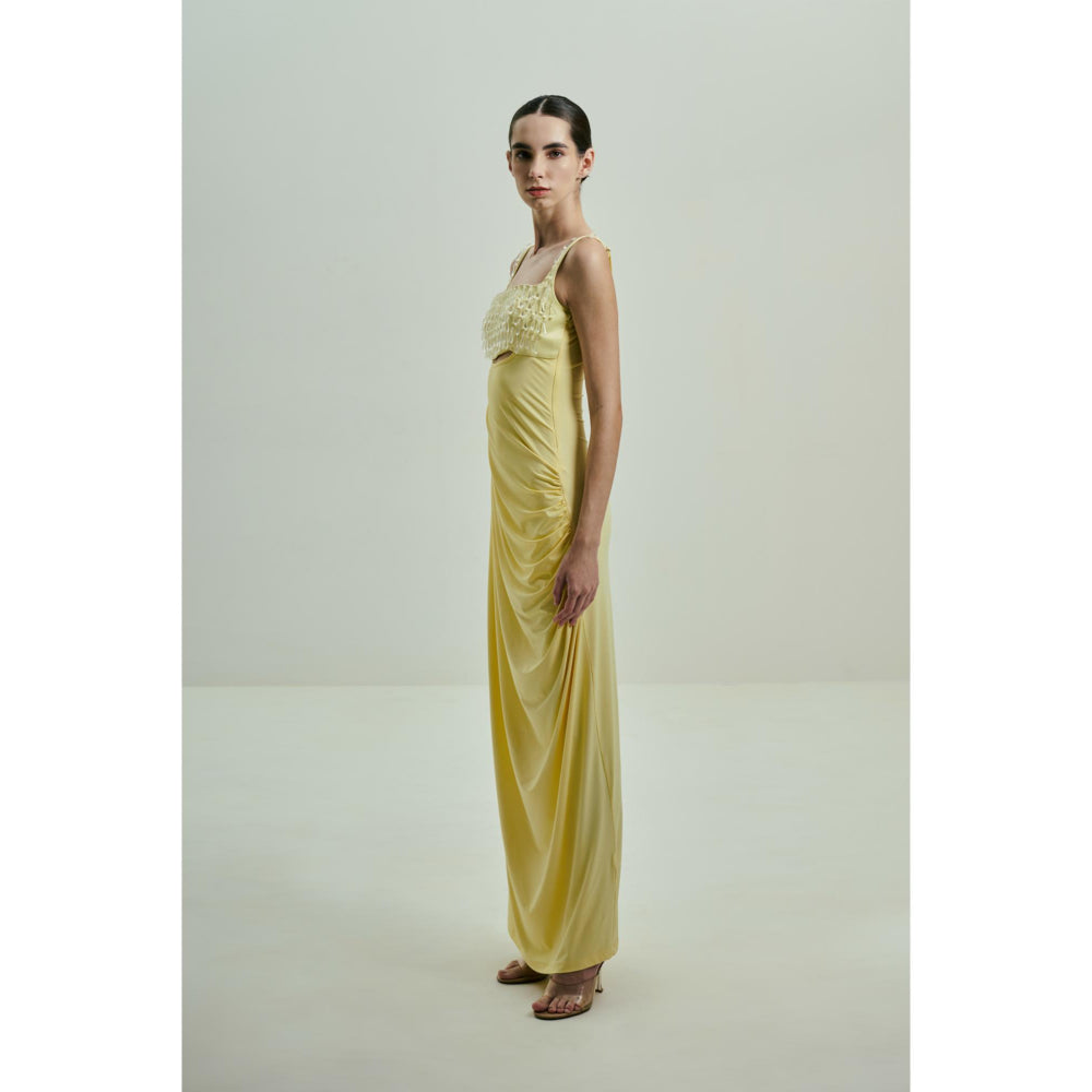 SOTBELLA Butter Yellow Draped Gown with Crystal-Embellished Bust