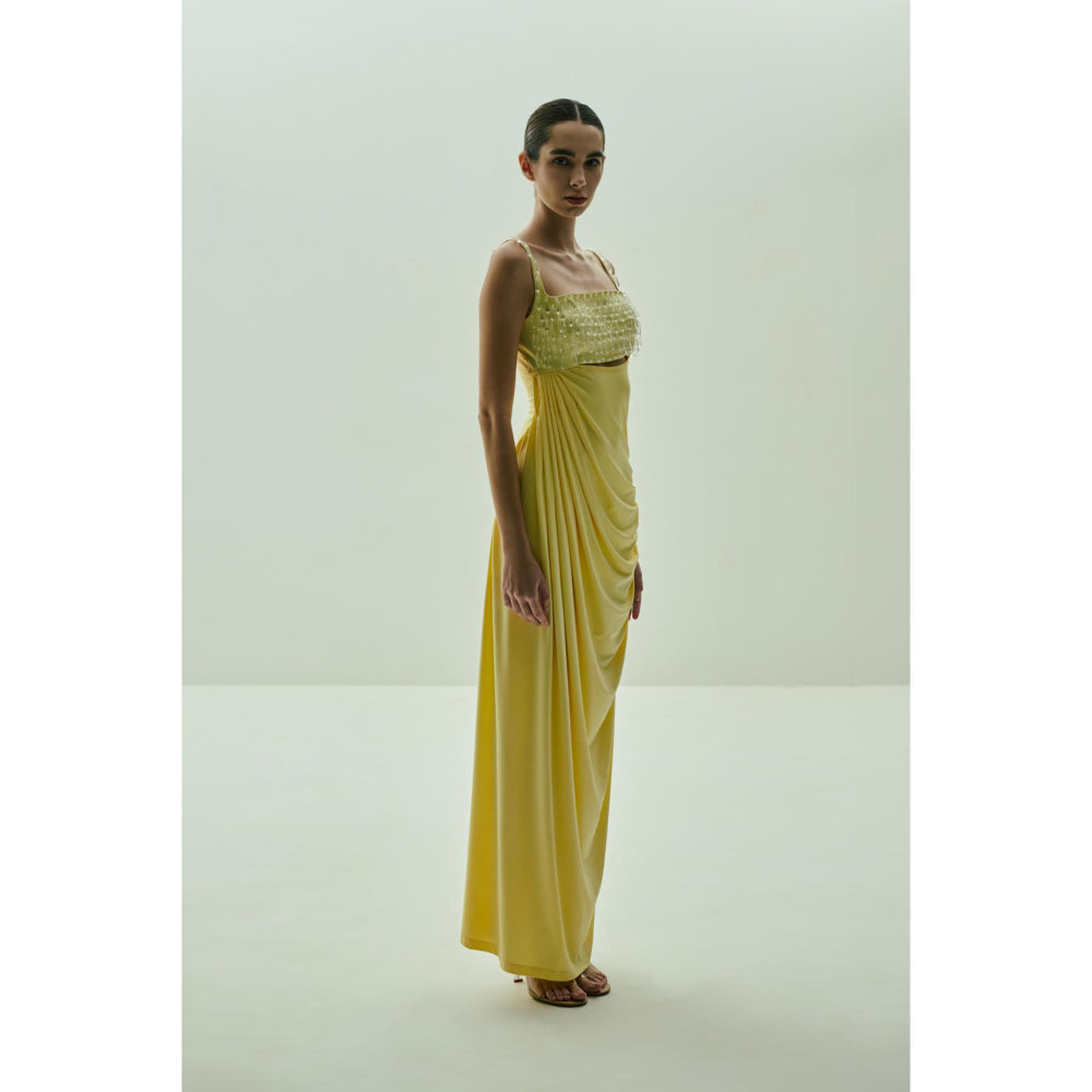 SOTBELLA Butter Yellow Draped Gown with Crystal-Embellished Bust