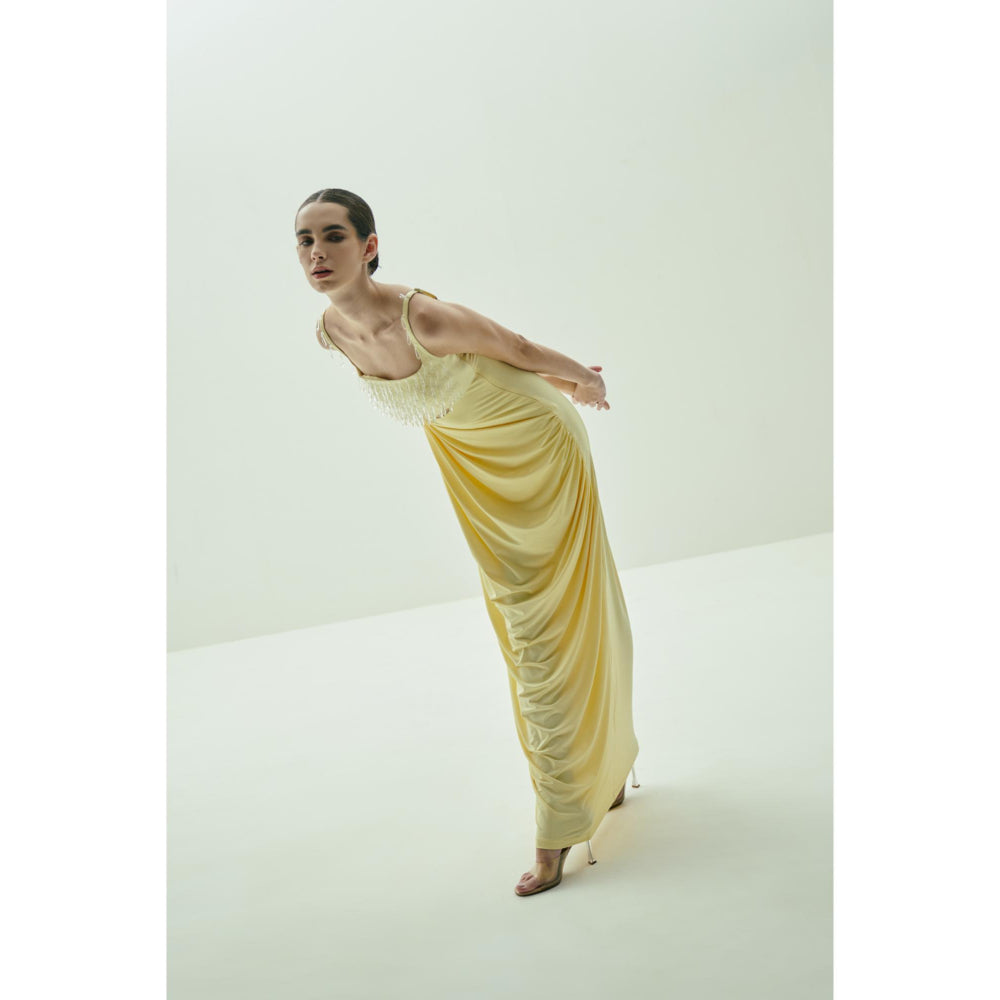 SOTBELLA Butter Yellow Draped Gown with Crystal-Embellished Bust