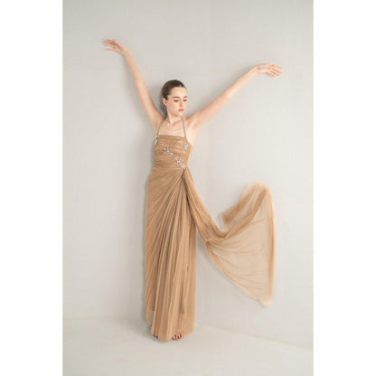 SOTBELLA Beige Draped Gown with Rhinestone Embellishments