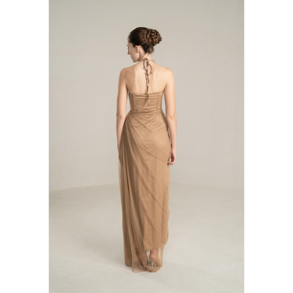 SOTBELLA Beige Draped Gown with Rhinestone Embellishments