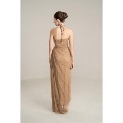 SOTBELLA Beige Draped Gown with Rhinestone Embellishments